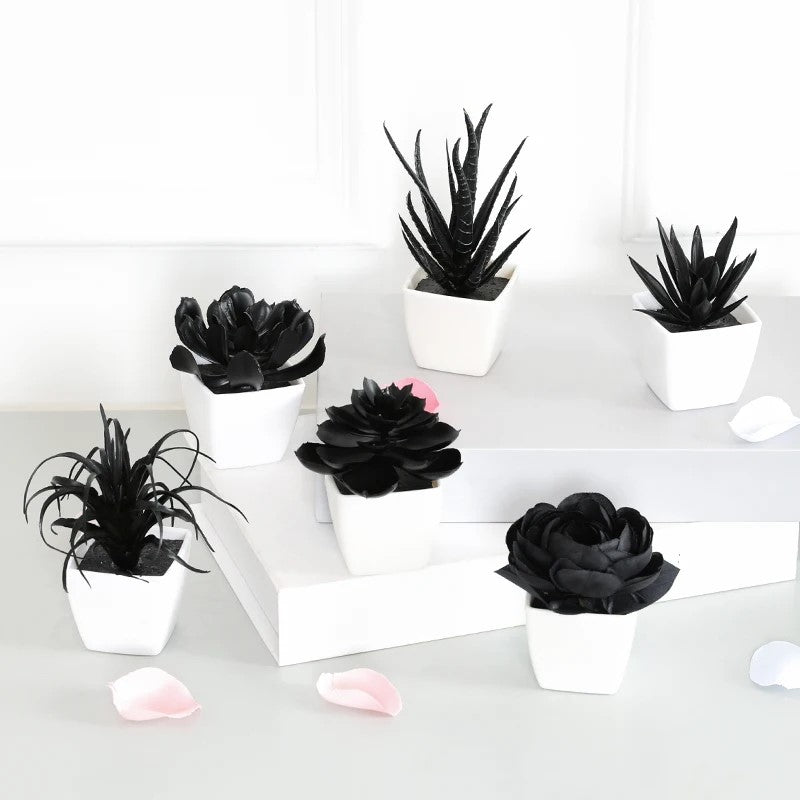 black and white small plant pot 6 Black Artificial Plants With White Pot
